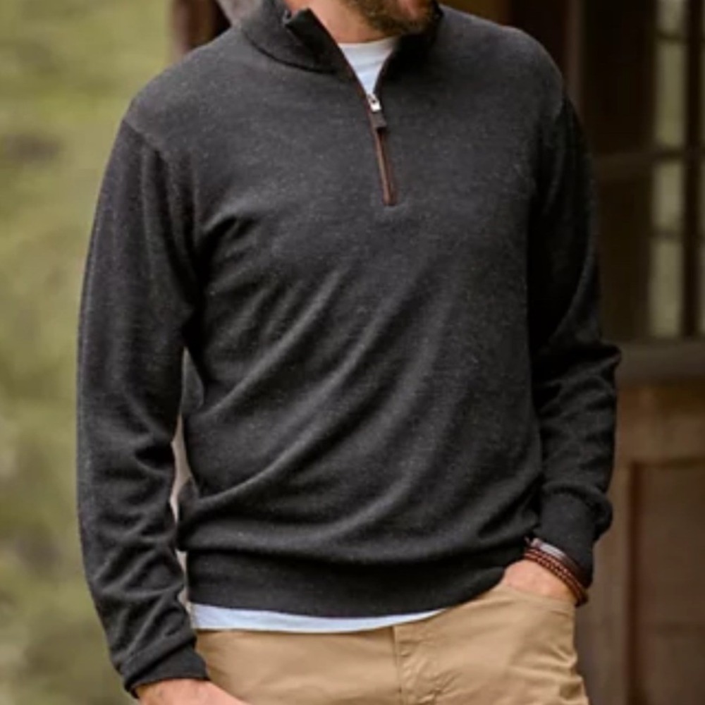 Orvis Mens XXL Merino Wool Quarter Zip Pullover Sweater Charcoal Gray Mock Neck